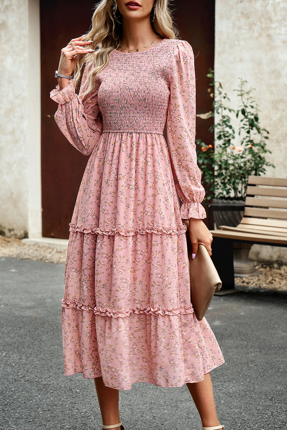 Smocked Flounce Sleeve Midi Dress