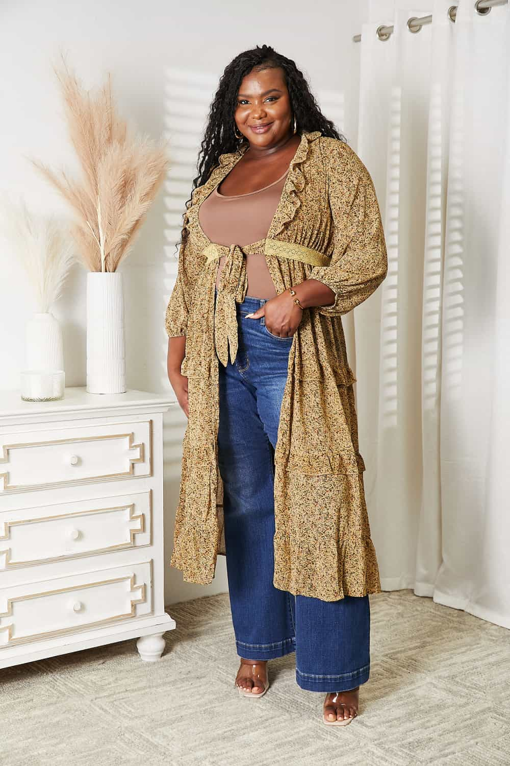 HEYSON Full Size Tie Front Ruffled Duster Cardigan