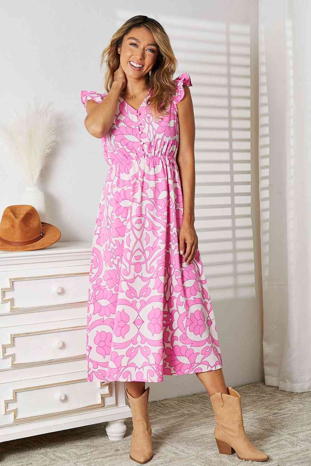 Double Take Floral V-Neck Cap Sleeve Dress